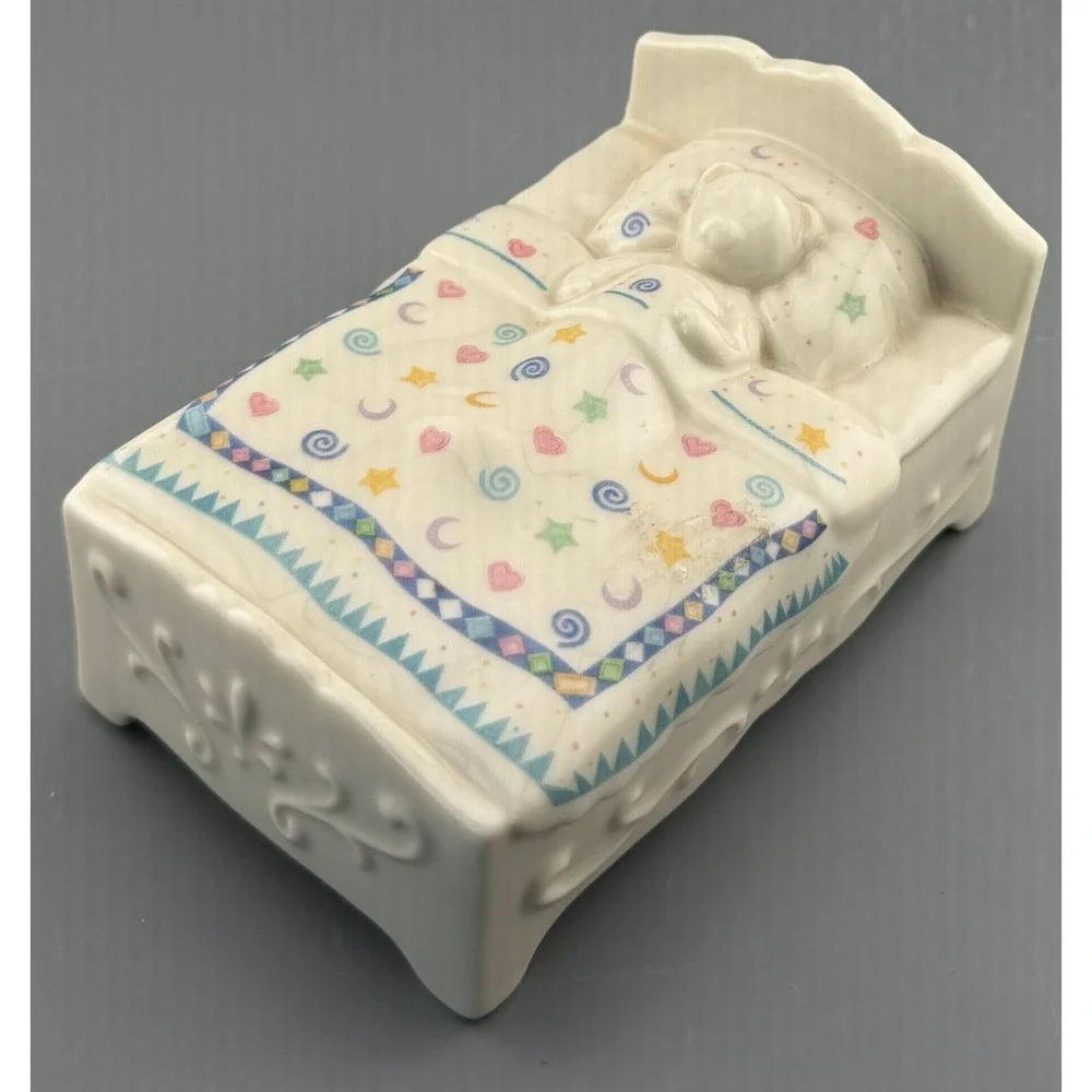 Vintage Lenox Music Box Bears Heirloom Teddy Bear in Bed Plays Brahms Lullaby 5